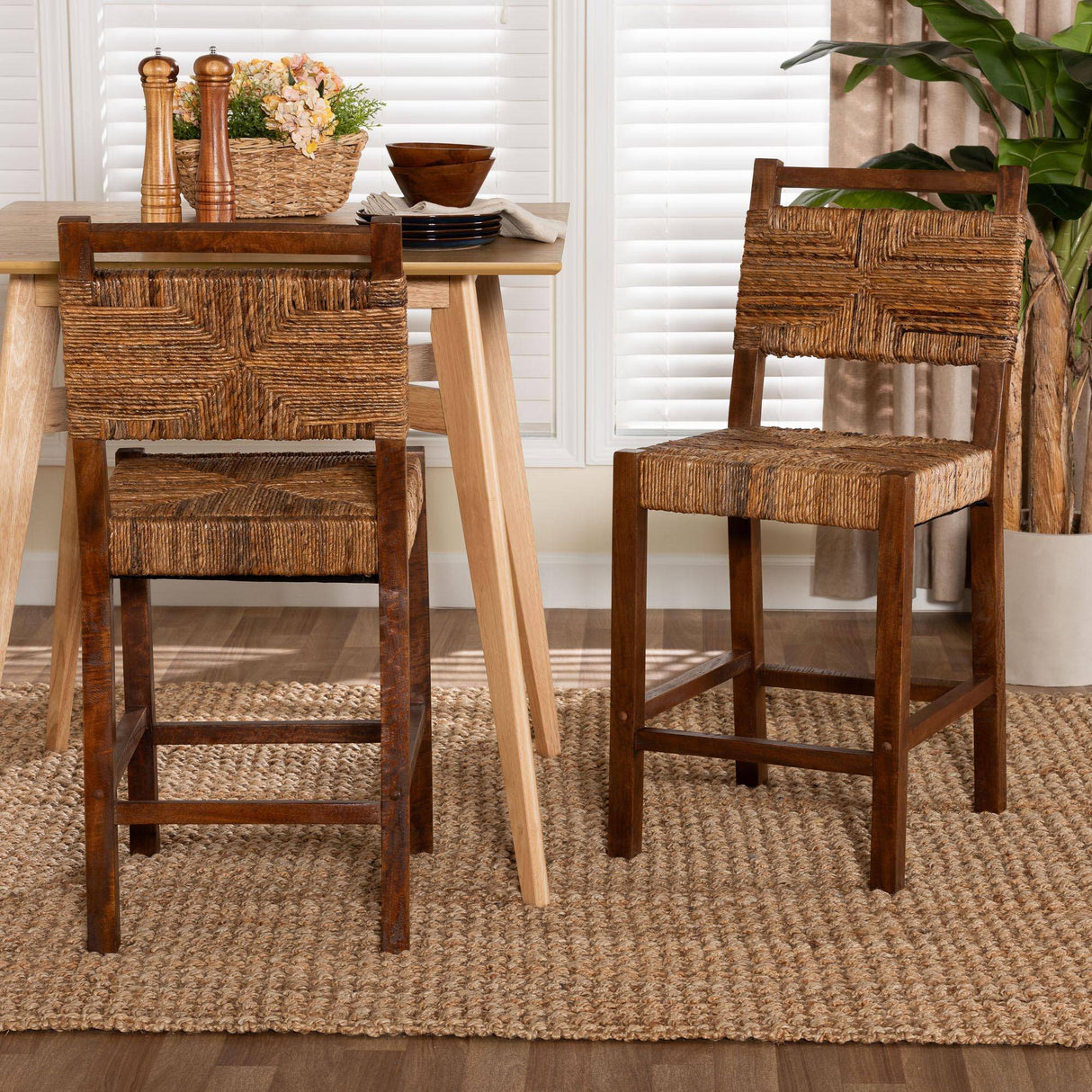 Luanda Wicker Fair (Set of 2) Rattan and Wood Counterstools