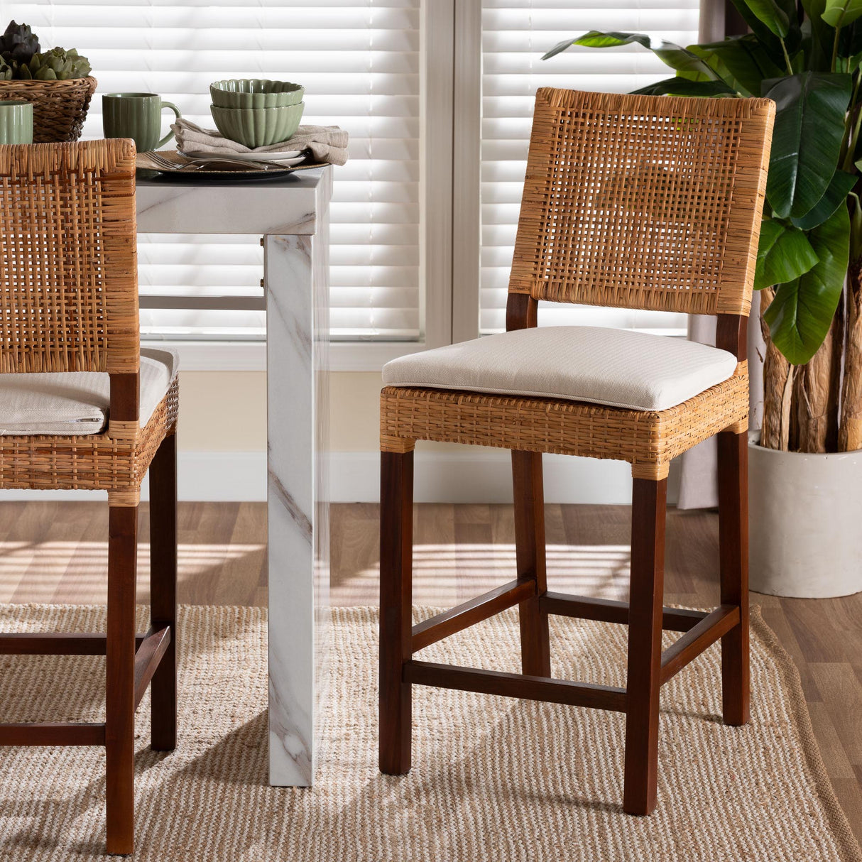 Leslie Natural Rattan Counter Stool with Cushion by Wicker Fair