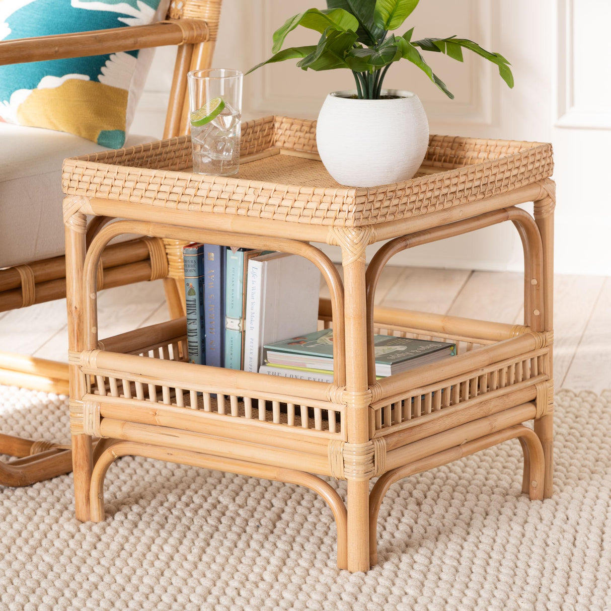 Rombok Modern Bohemian Natural Rattan End Table by Wicker Fair