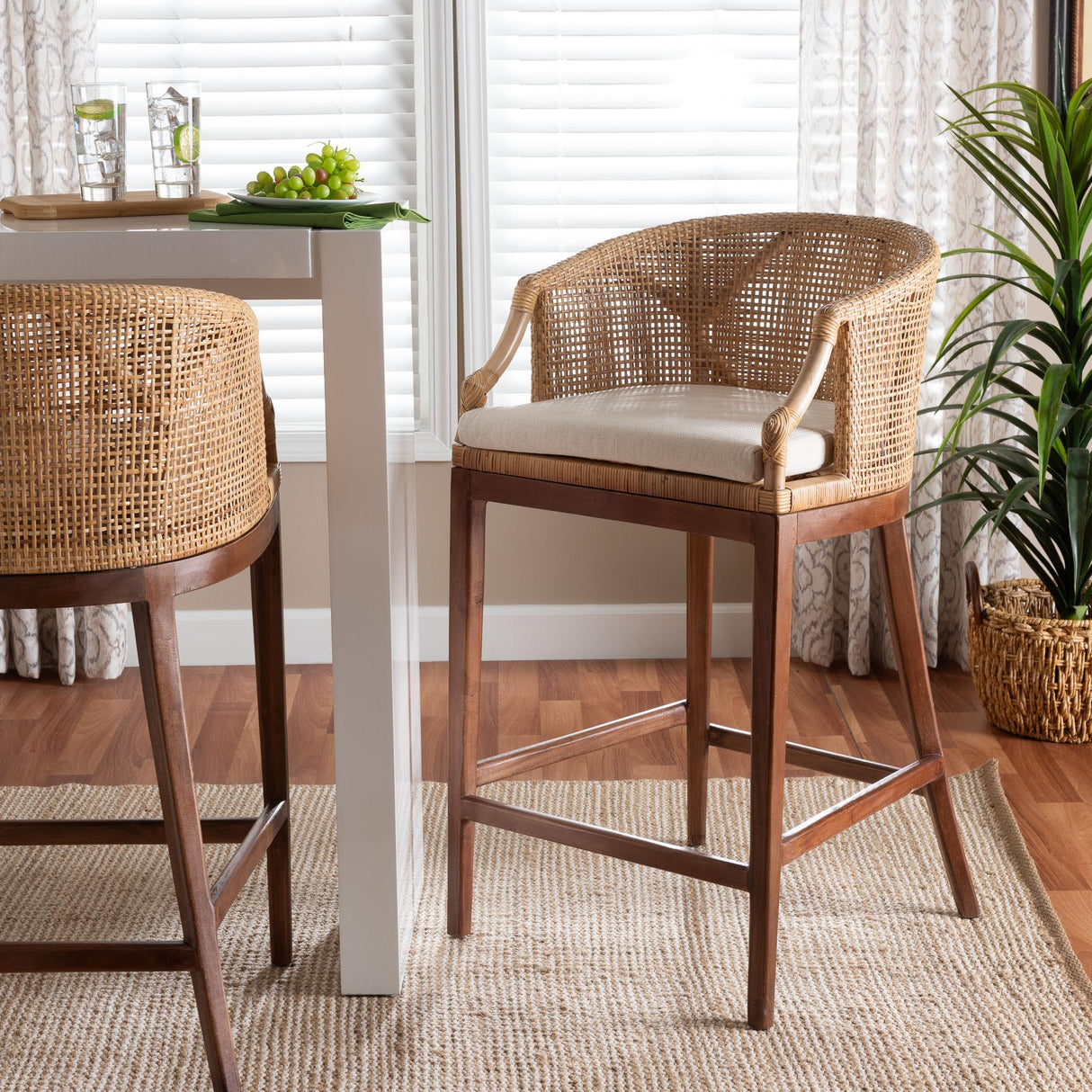 Tumajang Bohemian Light Honey Rattan and Wood Bar Stool by Wicker Fair