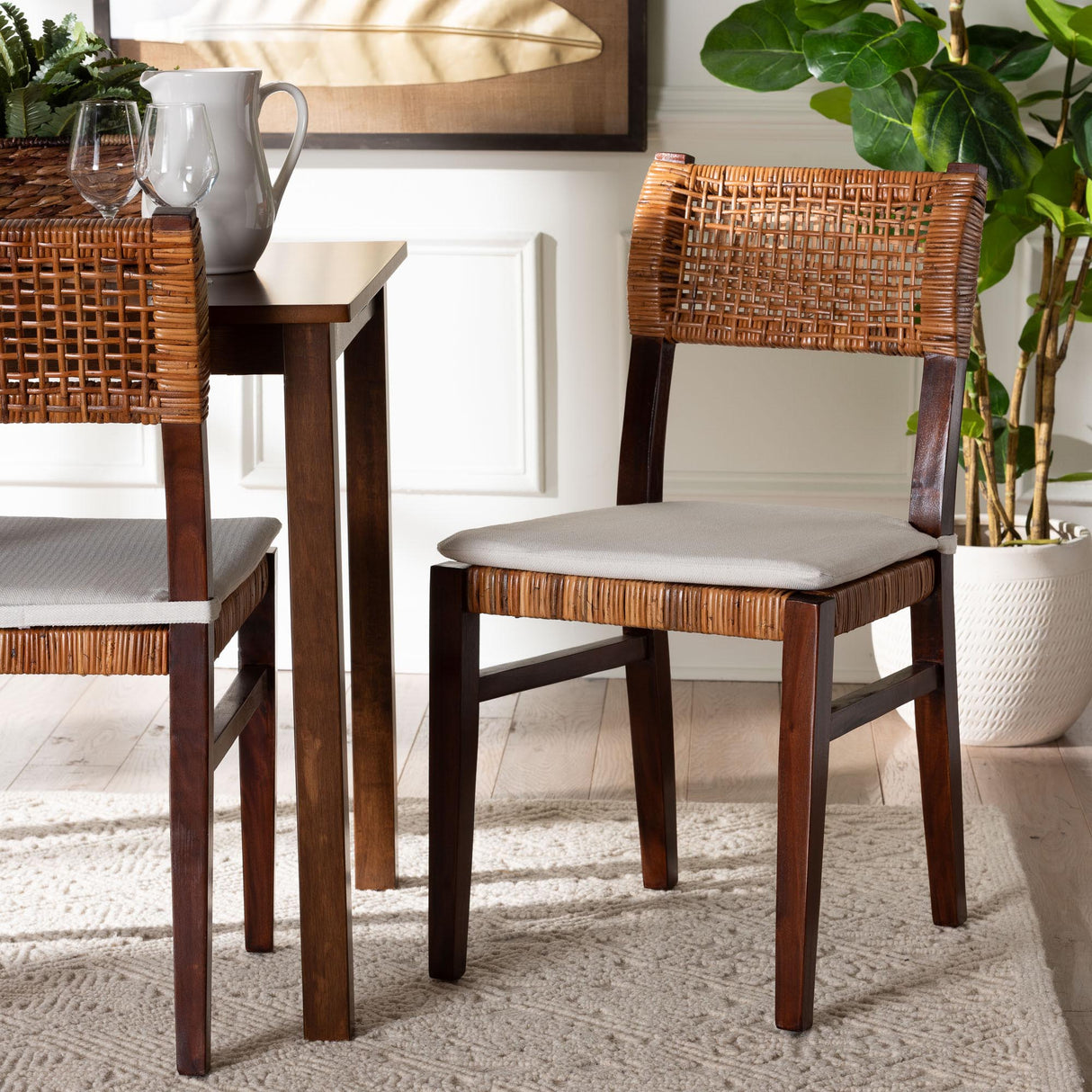 Lameka Bohemian Light Honey Rattan and Dark Brown Wood Dining Chair by Wicker Fair