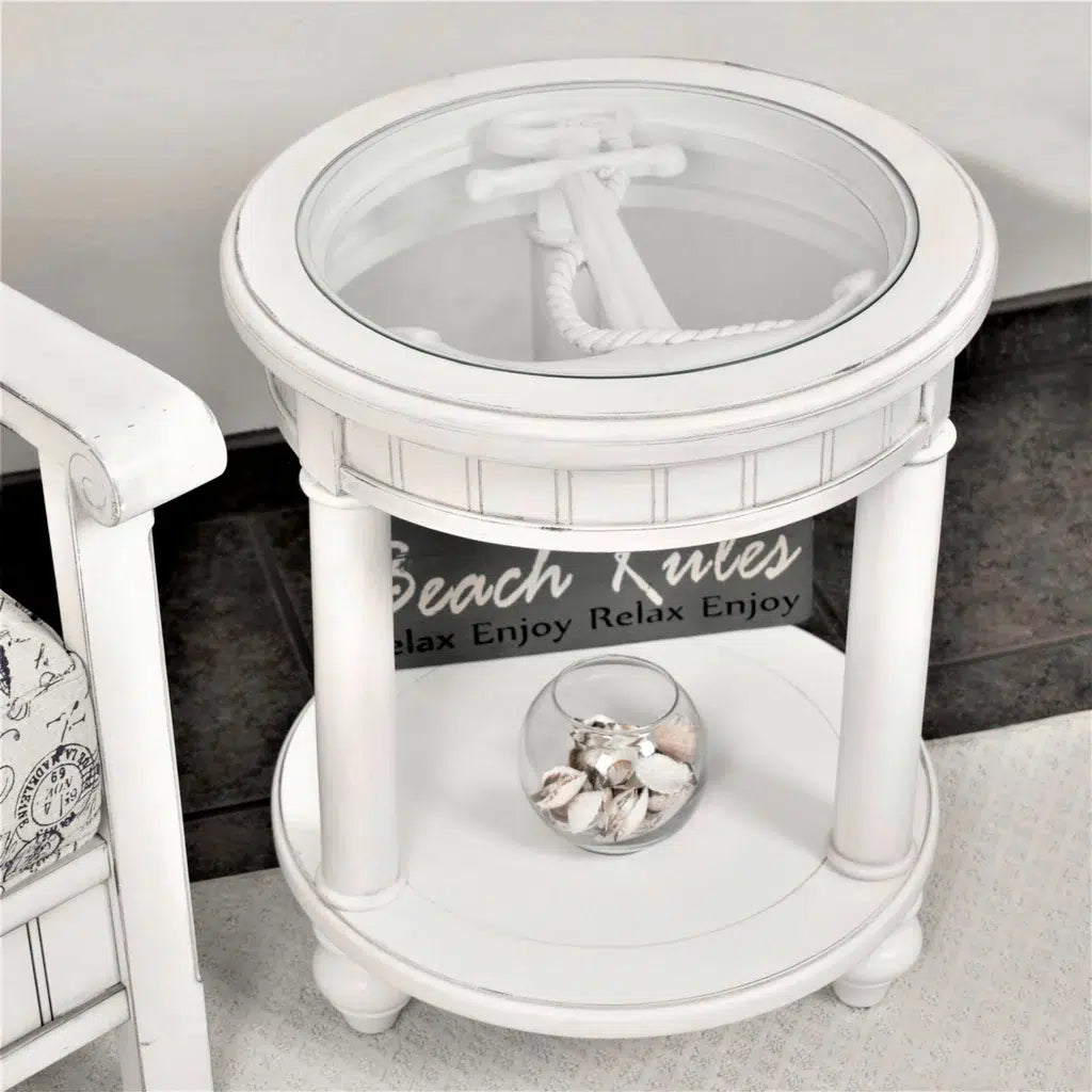 Monaco Round End Table with Anchor Insert Model B81802-BLANC-ANCHOR By Seawinds Trading
