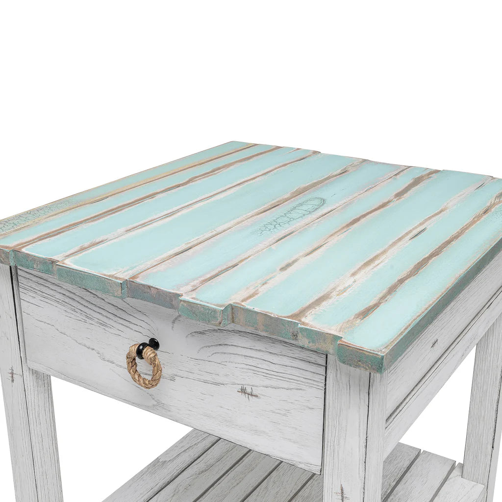 Picket Fence Coastal Distressed Bleu End Table Model B78202-DBLEU/WH By Seawinds Trading