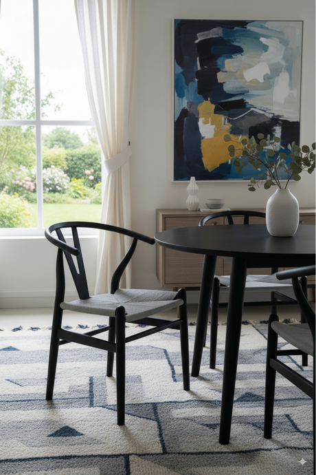 Wicker Fair Set of 6 Wishbone Dining Chairs made of Elm Wood and Cane