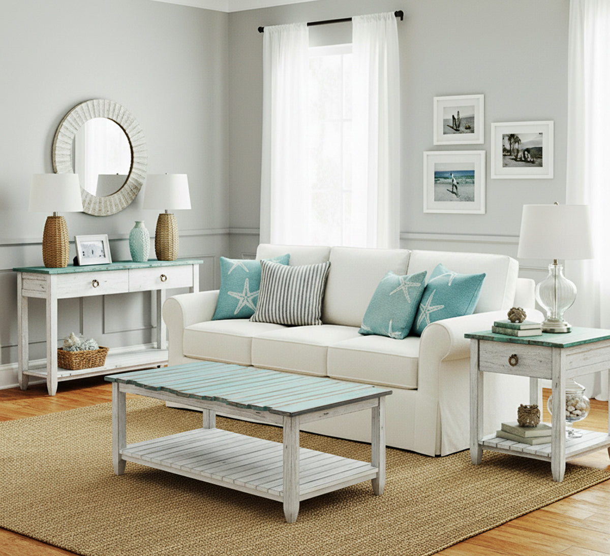 Picket Fence Coastal Distressed Bleu 3 Pc Living Room Table Set By Seawinds Trading