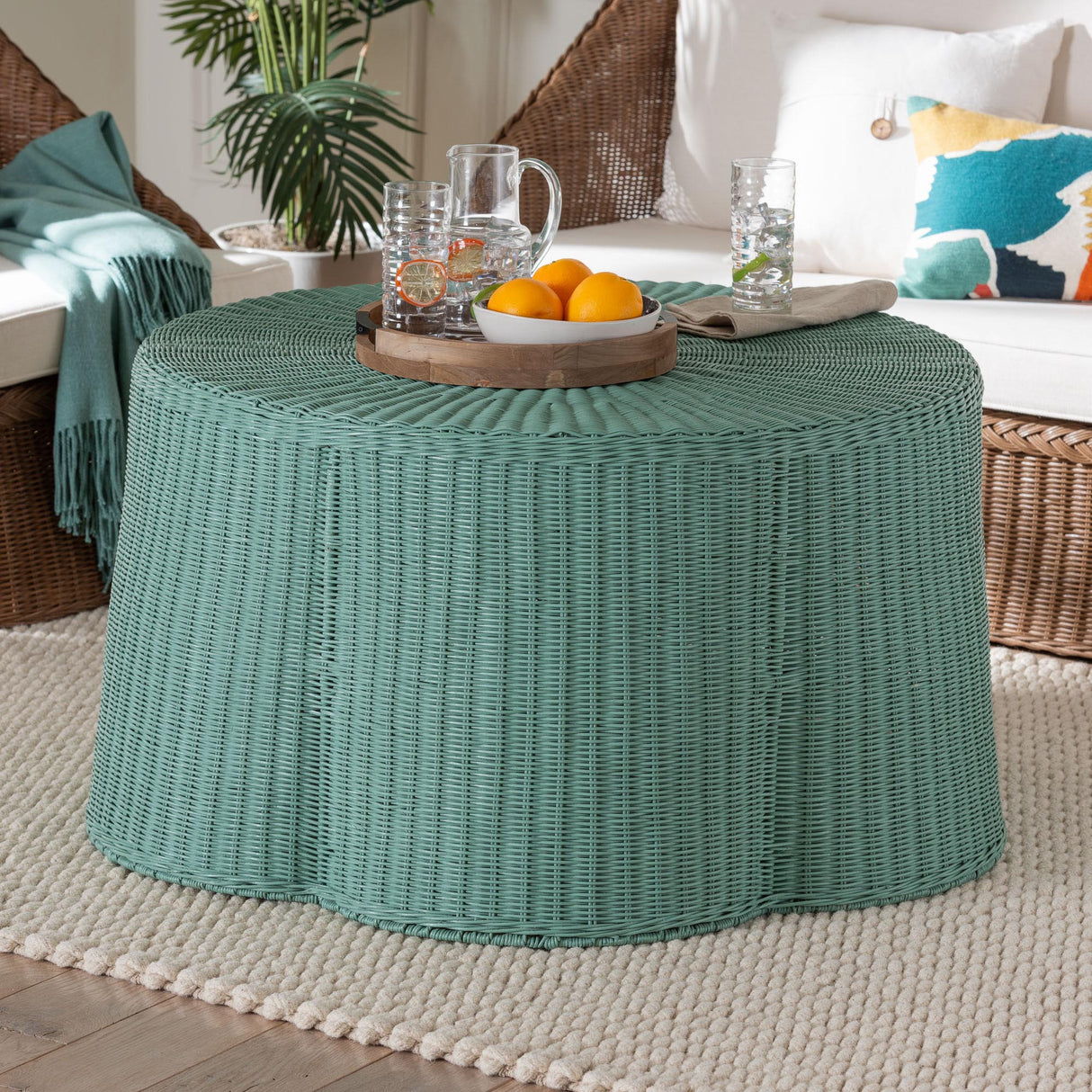 Cove Bohemian Seaguard Green Scalloped Rattan Coffee Table by Wicker Fair