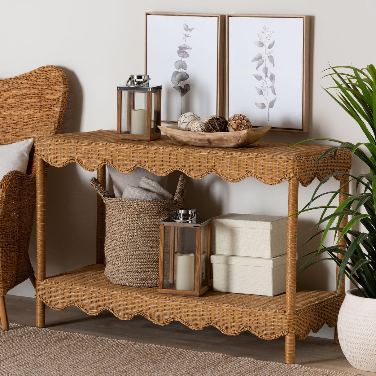 Olleria Bohemian Light Honey Scalloped Rattan Console Table by Wicker Fair