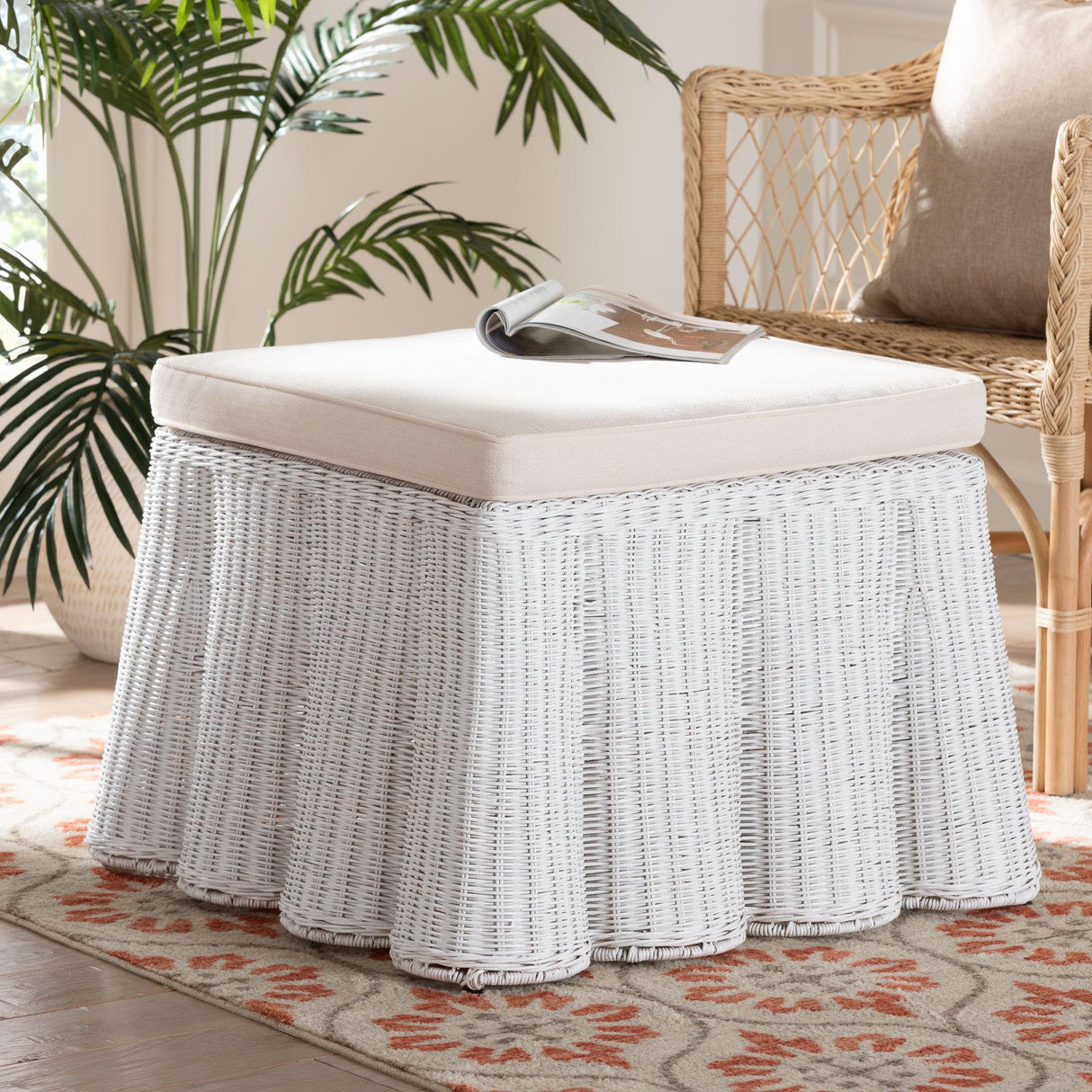 Vanuta Bohemian White Scallop Rattan Ottoman by Wicker Fair