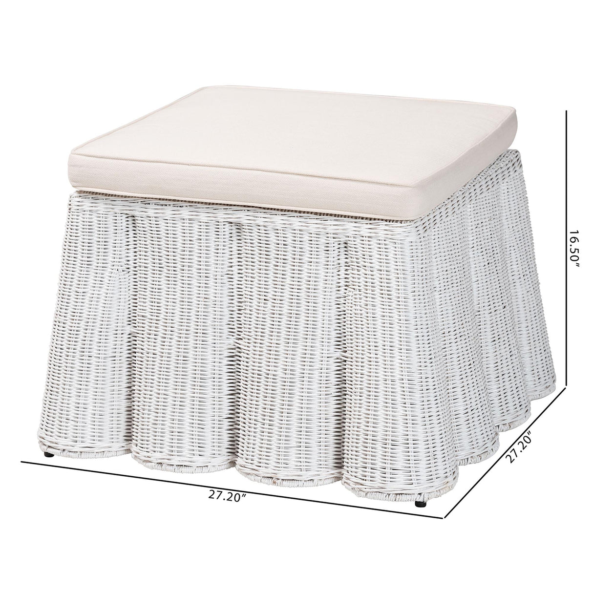 Vanuta Bohemian White Scallop Rattan Ottoman by Wicker Fair