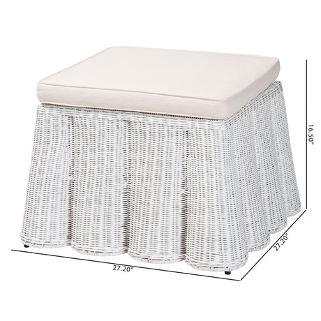 Vanuta Bohemian White Scallop Rattan Ottoman by Wicker Fair