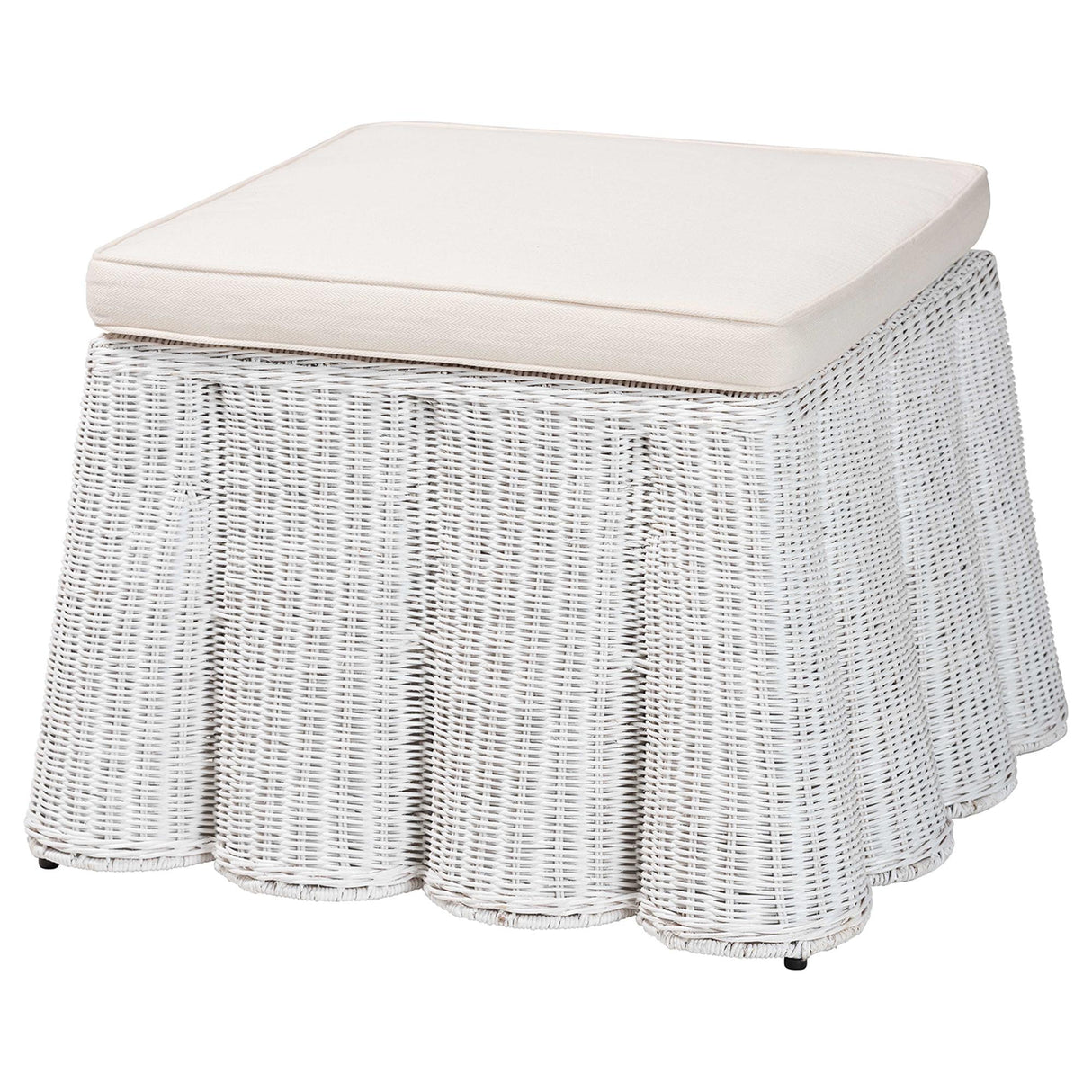Vanuta Bohemian White Scallop Rattan Ottoman by Wicker Fair