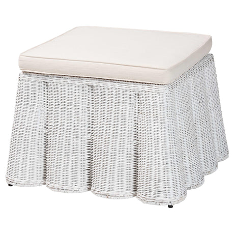 Vanuta Bohemian White Scallop Rattan Ottoman by Wicker Fair