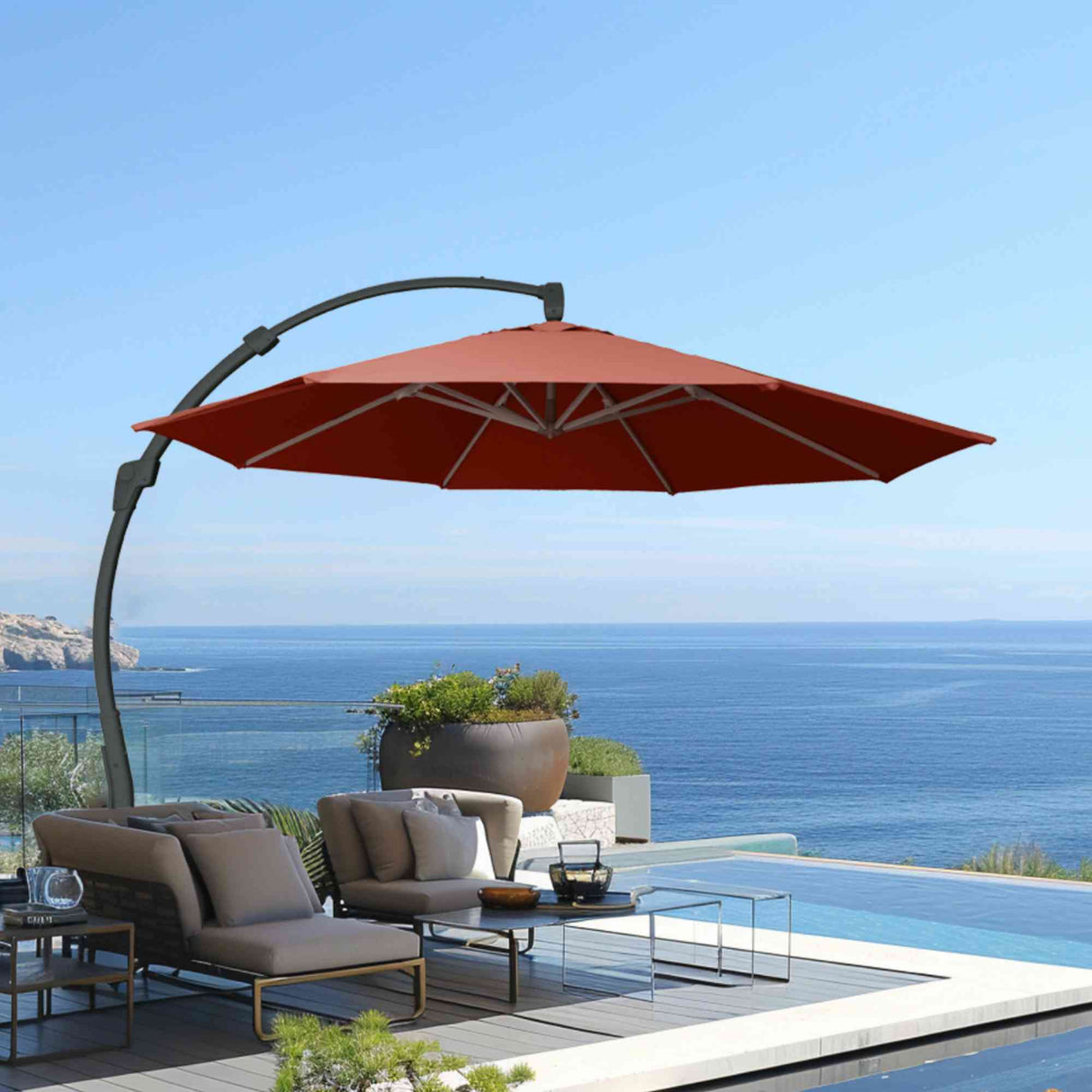 11.5 Ft Cantilever Sunbrella Terracotta 360 Umbrella w/Movable Base Model PJO-6115-TERRA-UM-2PC by Panama Jack