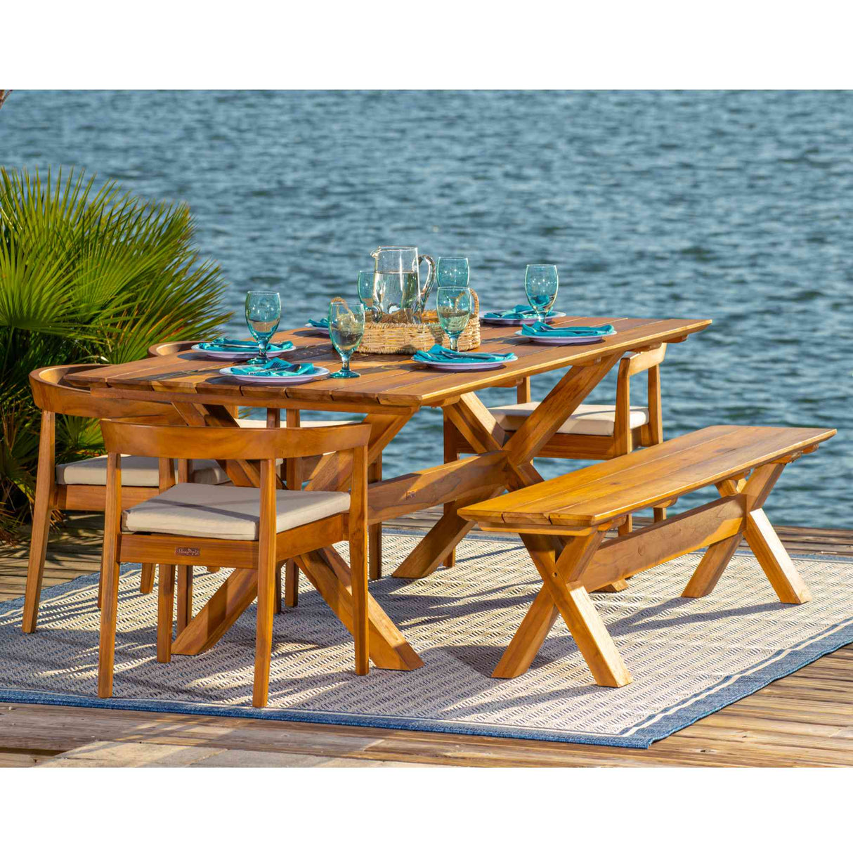 Bali Teak Outdoor 7-Piece Rectangular Dining Table with Bench Model PJO-3601-NAT-7BC-CUSH by Panama Jack