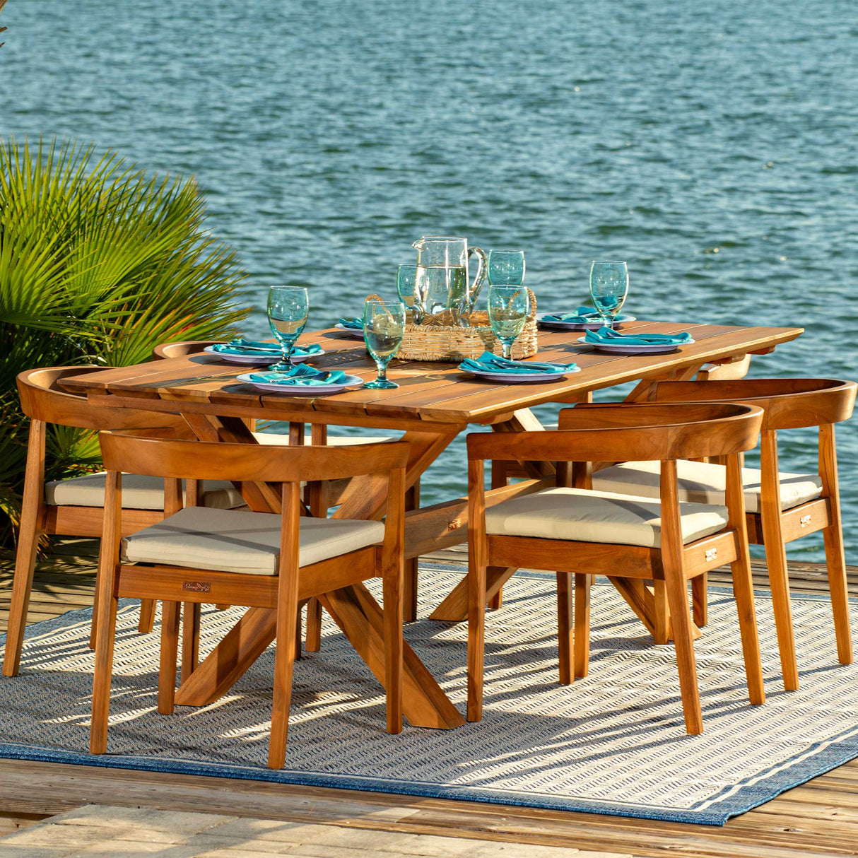 Bali Teak 7-Piece Rectangular Dining Table with Cushions Model PJO-3601-NAT-7DA-CUSH by Panama Jack