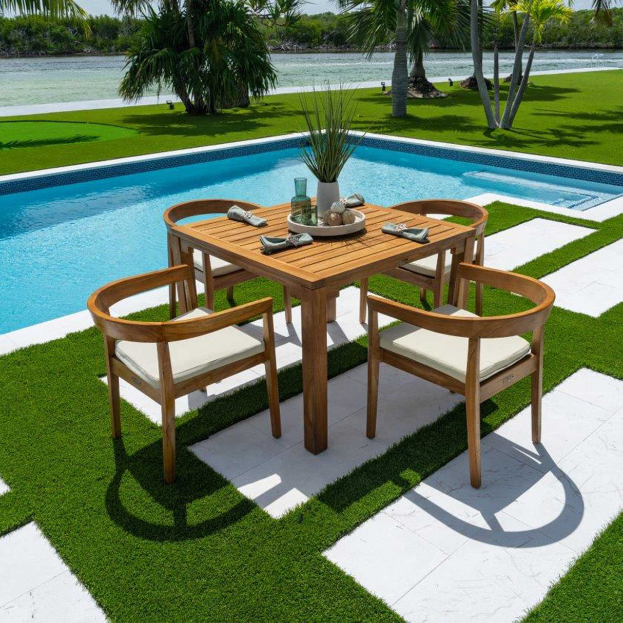 Bali Teak Outdoor 5-Piece Square Dining Table with Cushions Model PJO-3601-NAT-5DA-CUSH by Panama Jack