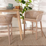 Basuna Modern Bohemian Antique White Washed Rattan and Mahogany Wood Counter Stool by Wicker Fair
