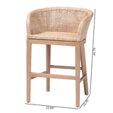 Basuna Modern Bohemian Antique White Washed Rattan and Mahogany Wood Counter Stool by Wicker Fair