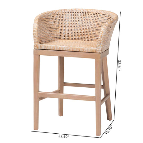 Basuna Modern Bohemian Antique White Washed Rattan and Mahogany Wood Counter Stool by Wicker Fair