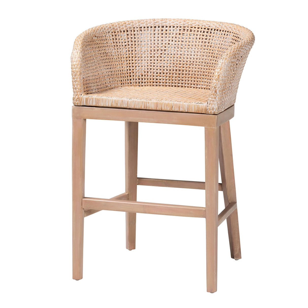 Basuna Modern Bohemian Antique White Washed Rattan and Mahogany Wood Counter Stool by Wicker Fair
