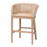 Basuna Modern Bohemian Antique White Washed Rattan and Mahogany Wood Counter Stool by Wicker Fair