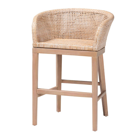 Basuna Modern Bohemian Antique White Washed Rattan and Mahogany Wood Counter Stool by Wicker Fair