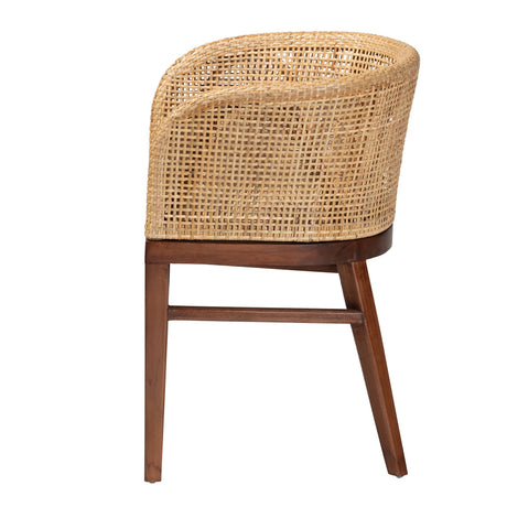 Ratua Modern Bohemian Natural Rattan and Walnut Brown Acacia Wood Dining Chair by Wicker Fair