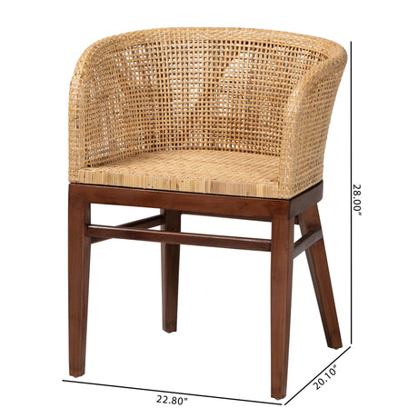 Ratua Modern Bohemian Natural Rattan and Walnut Brown Acacia Wood Dining Chair by Wicker Fair