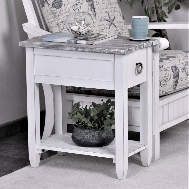 Picket Fence Rustic Distressed Grey White Chairside Table Model B78205-GREY/BLANC By Seawinds Trading