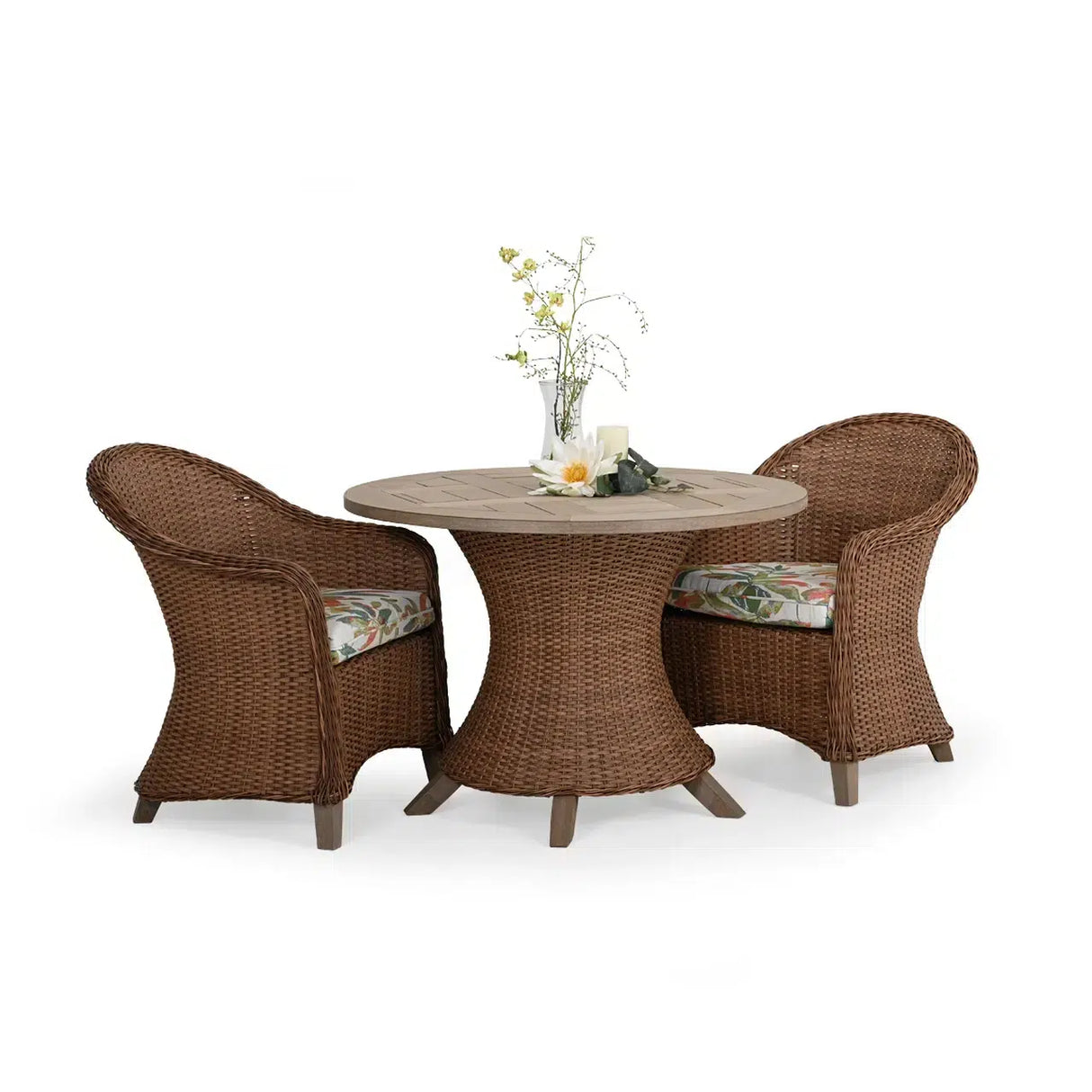 Pine Island Outdoor Wicker 3 Piece 42" Round Dining Set in Nutmeg Model Pine-Island-NTMWTK-3PC-Bistro-Dining ‚Äì Choice of Cushions Made in the USA