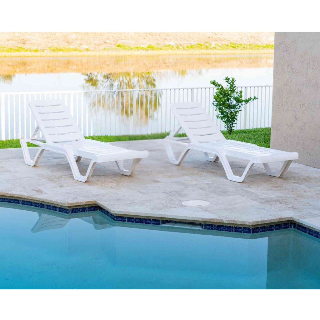 Lara Outdoor Set of 2 Stackable Chaise Lounge White Model RBO-LARA-WHT-CL-SET2 by Rainbow Outdoor
