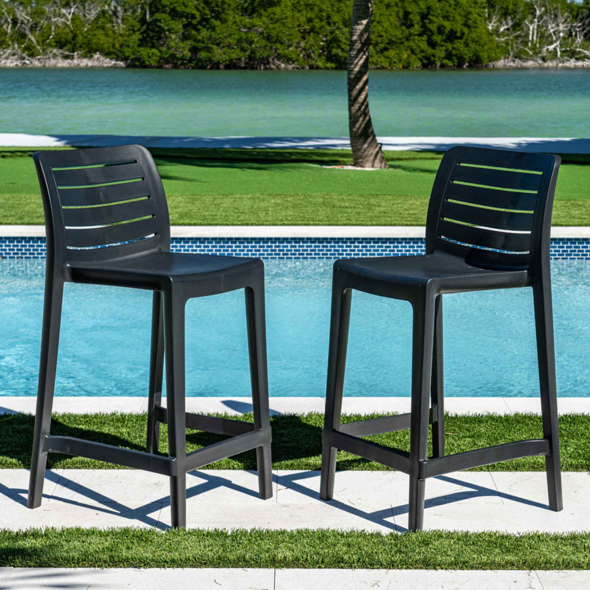 Leva Outdoor Set of 2 Barstools - Anthracite Model RBO-LEVA-ANT-BS-SET2 by Rainbow Outdoor