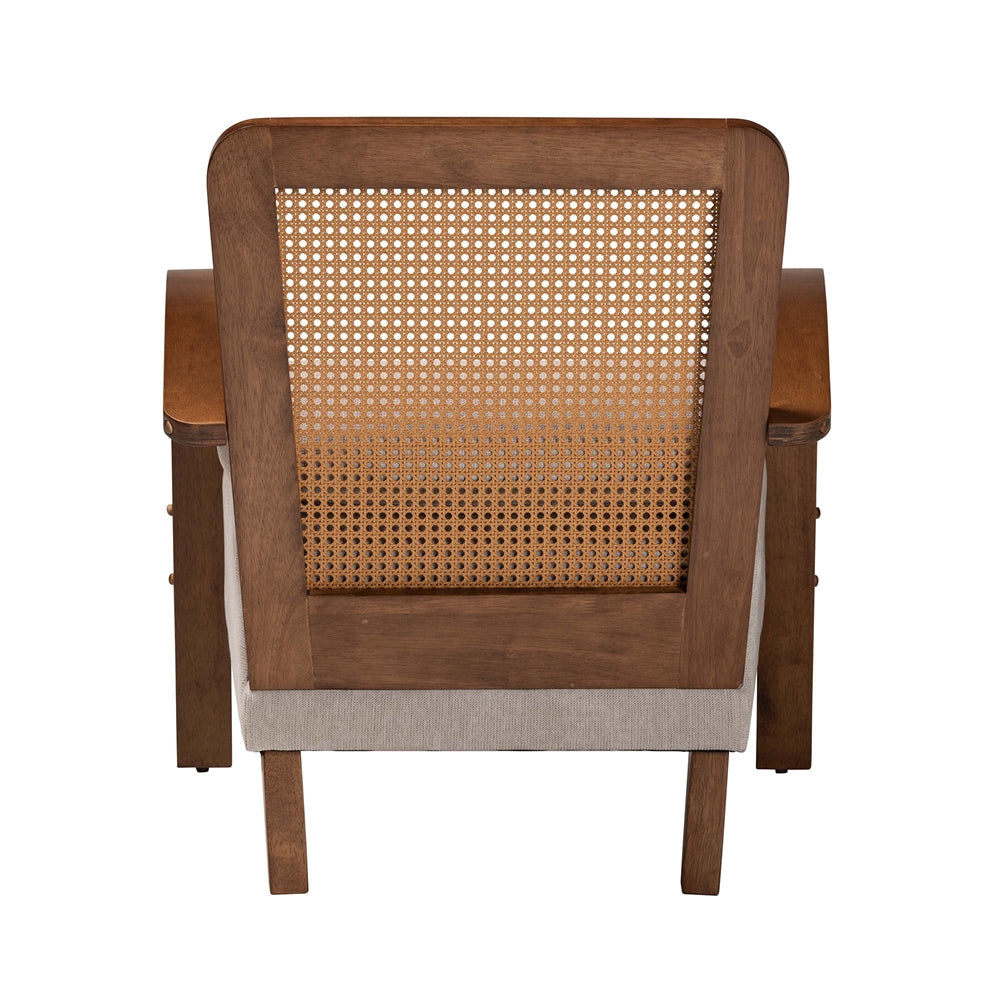 Sage Modern Japandi Light Grey Fabric and Walnut Brown Finished Wood Arm Chair with Woven Rattan by Wicker Fair