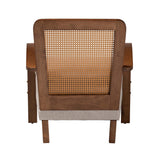 Sage Modern Japandi Light Grey Fabric and Walnut Brown Finished Wood Arm Chair with Woven Rattan by Wicker Fair