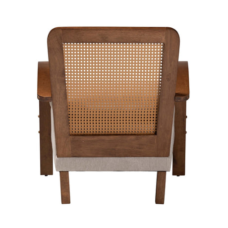 Sage Modern Japandi Light Grey Fabric and Walnut Brown Finished Wood Arm Chair with Woven Rattan by Wicker Fair