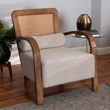 Sage Modern Japandi Light Grey Fabric and Walnut Brown Finished Wood Arm Chair with Woven Rattan by Wicker Fair