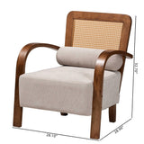Sage Modern Japandi Light Grey Fabric and Walnut Brown Finished Wood Arm Chair with Woven Rattan by Wicker Fair