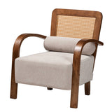 Sage Modern Japandi Light Grey Fabric and Walnut Brown Finished Wood Arm Chair with Woven Rattan by Wicker Fair