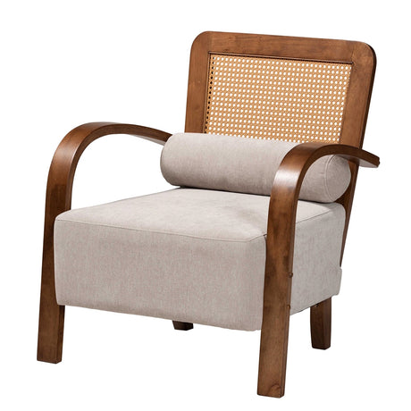 Sage Modern Japandi Light Grey Fabric and Walnut Brown Finished Wood Arm Chair with Woven Rattan by Wicker Fair