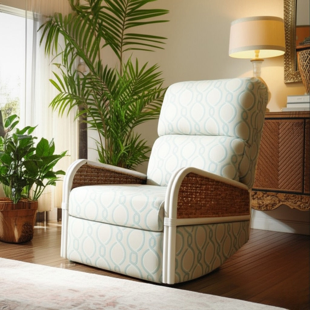 Countryside White Rattan and Natural Wicker Weave Swivel Recliner Glider Model RG734 from Capris Furniture
