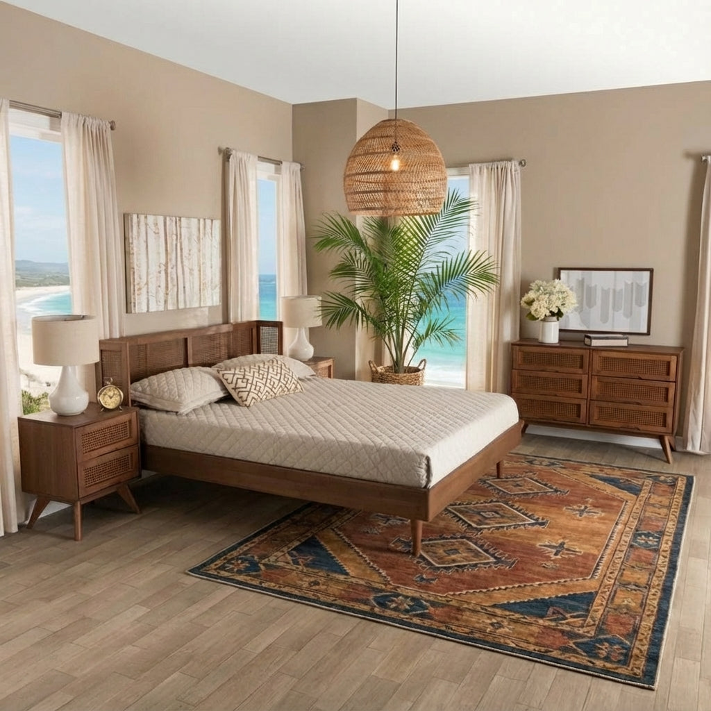 Rina Mid-Century Modern Ash Walnut Finished Wood 3-Piece Full Size Bedroom Set with Synthetic Rattan