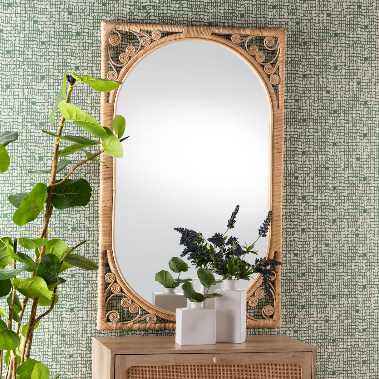 Asula Modern Bohemian Natural Brown Rattan Accent Wall Mirror by Wicker Fair