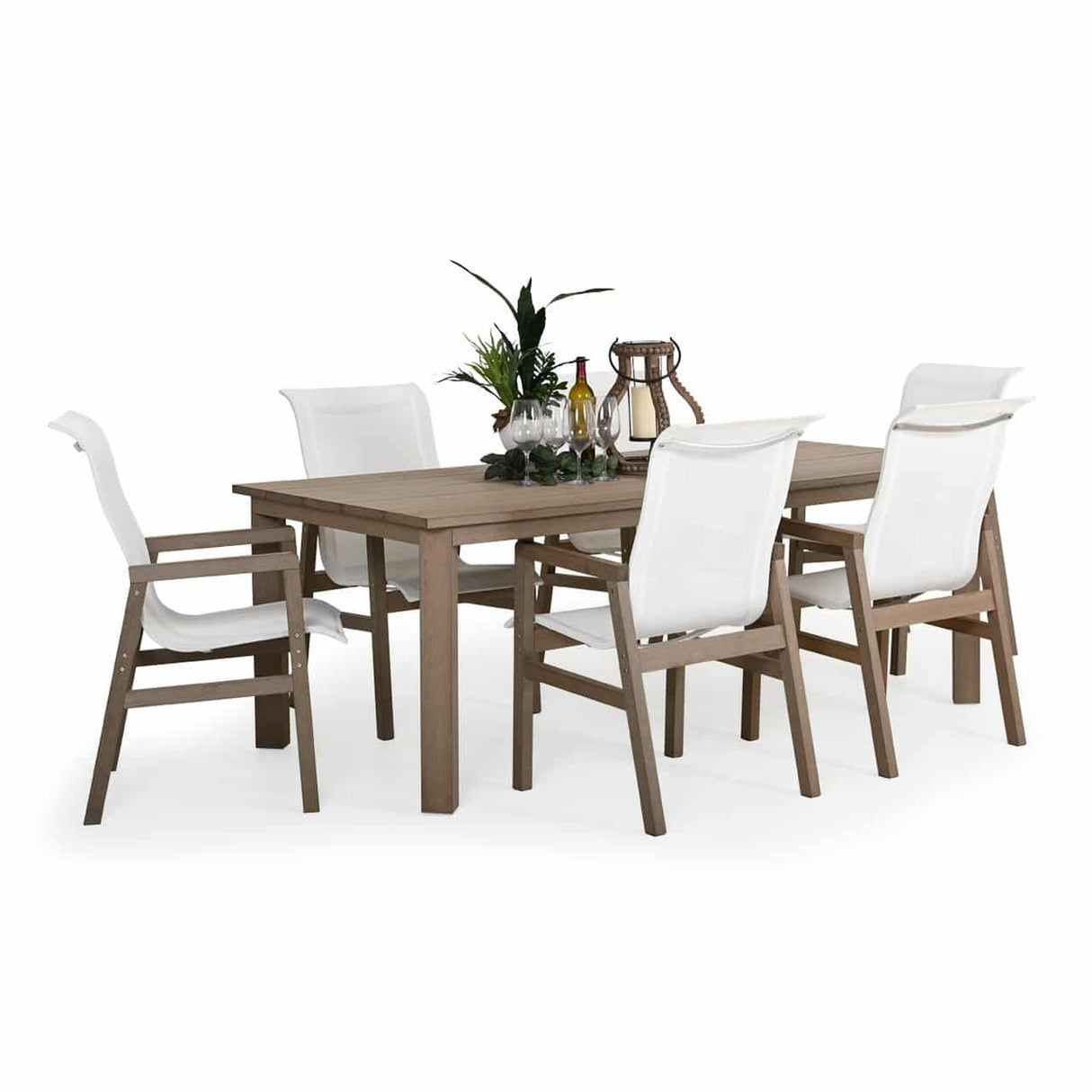 Rodeo Beach Outdoor PoliSoul&trade; 7 Piece Sling Dining Set in Weathered Teak Model Rodeo-Beach-WTK-7PC-Dining