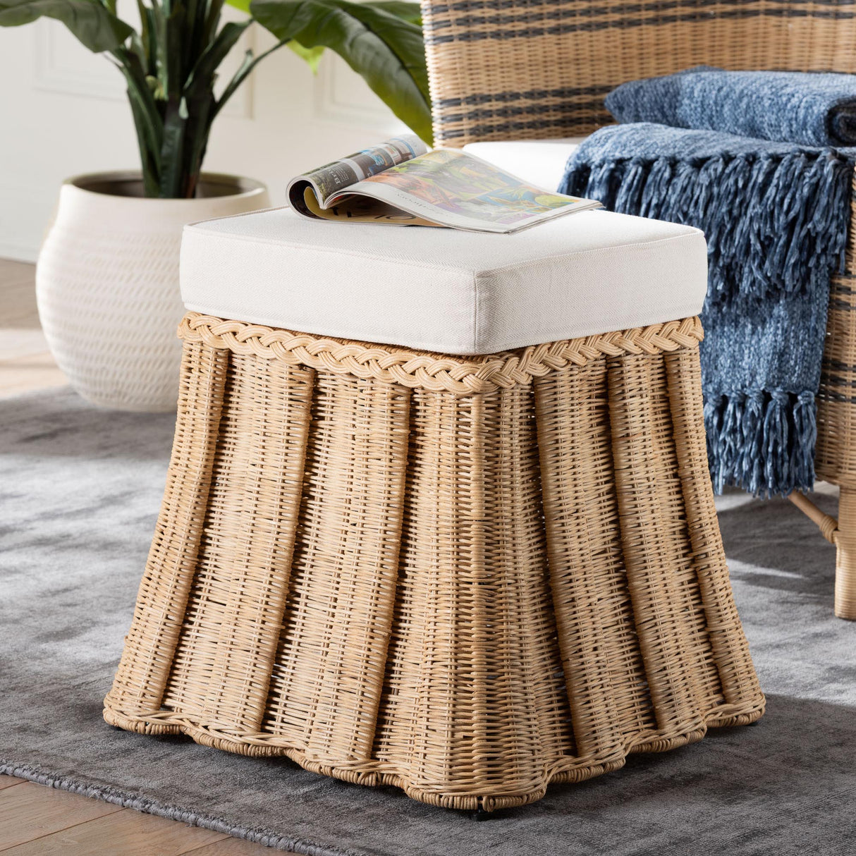 Rota Natural Rattan Ottoman with Cushion by Wicker Fair