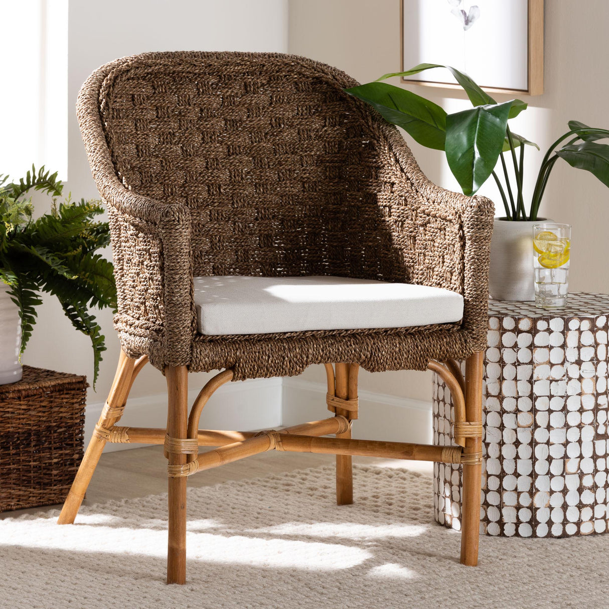 Suis Bohemian Natural Seagrass and Rattan Arm Chair by Wicker Fair