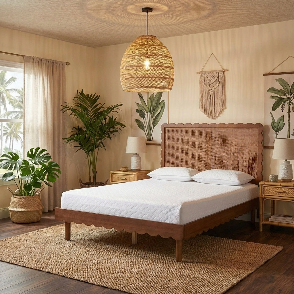 Orianthe Scalloped Platform Bed with Woven Rattan Headboard by Wicker Fair