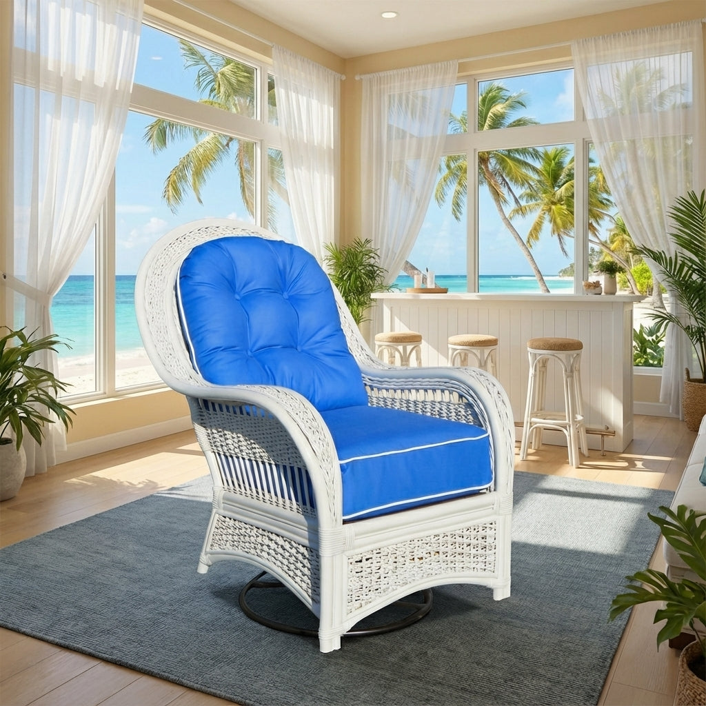 Ships Wheel Coastal White Rattan Swivel Rocker Model SW-RSR by Wicker Fair