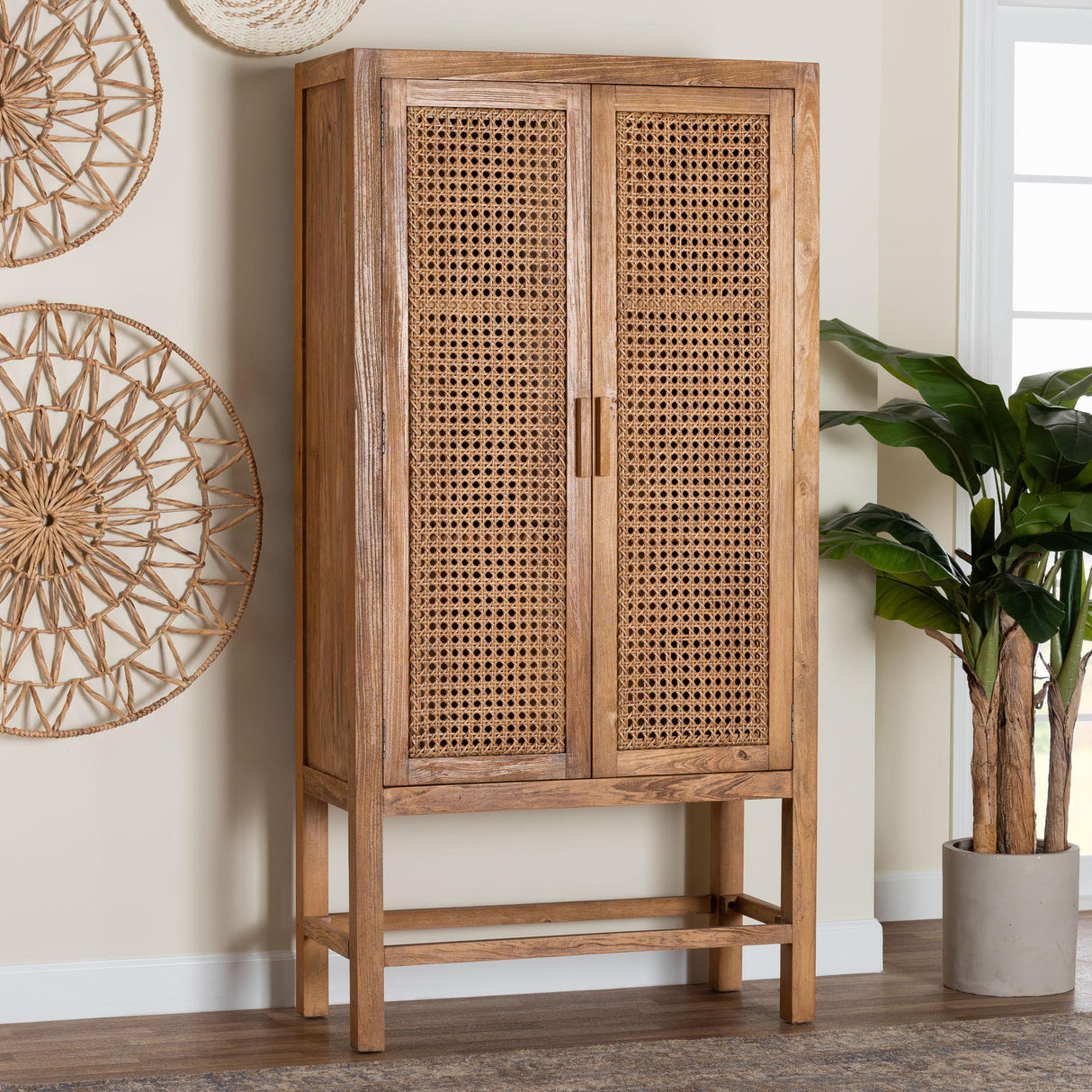 Wicker Fair Sibu Tall Woven Rattan and Wood Storage Cabinet