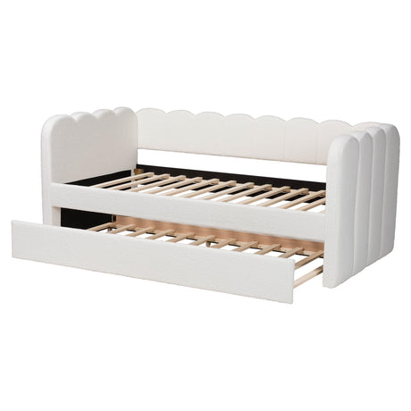 Palmer Cream Teddy-Bear Fabric Daybed with Rolling Trundle by Wicker Fair