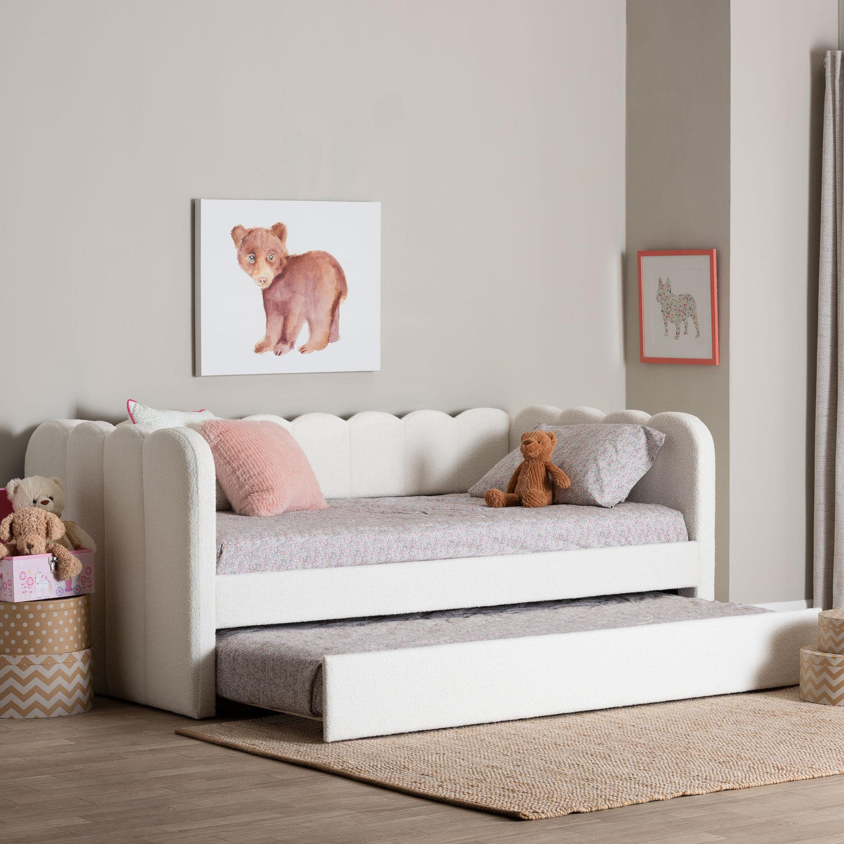 Palmer Cream Teddy-Bear Fabric Daybed with Rolling Trundle by Wicker Fair